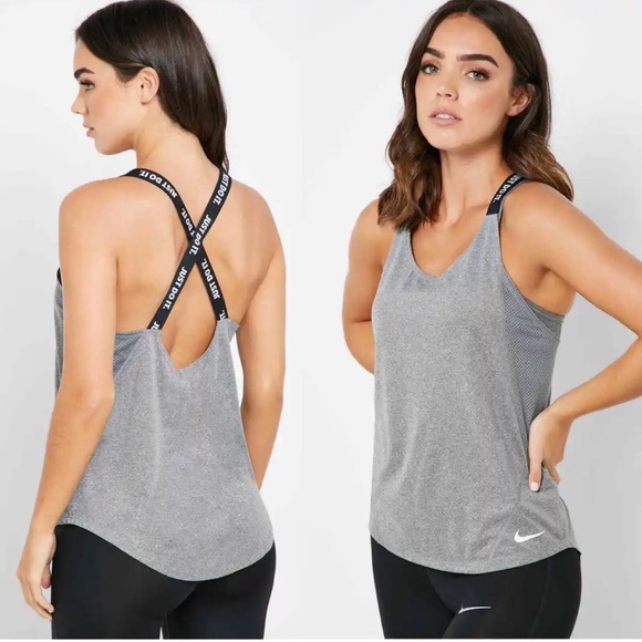 Nike Dri Fit Crisscross Back Just Do It Logo Strap Grey Active Tank Top Size XS - Picture 2 of 11